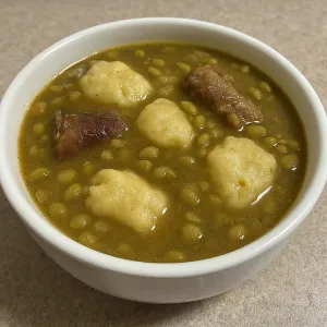 GREEN PIGEON PEAS SOUP WITH  LOCAL PIGTAIL &  DUMPLINGS