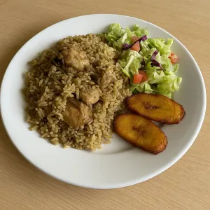FRANKIE'S CHICKEN PELAU WITH SALAD & FRIED PLANTAIN